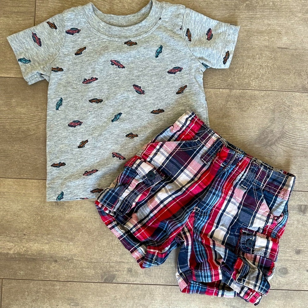 Koala Kids Plaid Cargo Pants, Carter’s Matching Car Print Shirt Baby Boy 12m